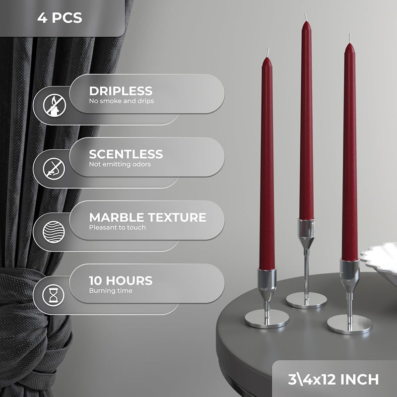 CANDWAX 12 inch Taper Candles Set of 4 - Dripless and Smokeless Candle Unscented - Slow Burning Candle Sticks Perfect as Dinner Candles and Household Candles - Burgundy Candles Taper - Image 3